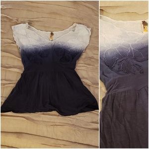 Free People Blue/White Ombre Floral Top